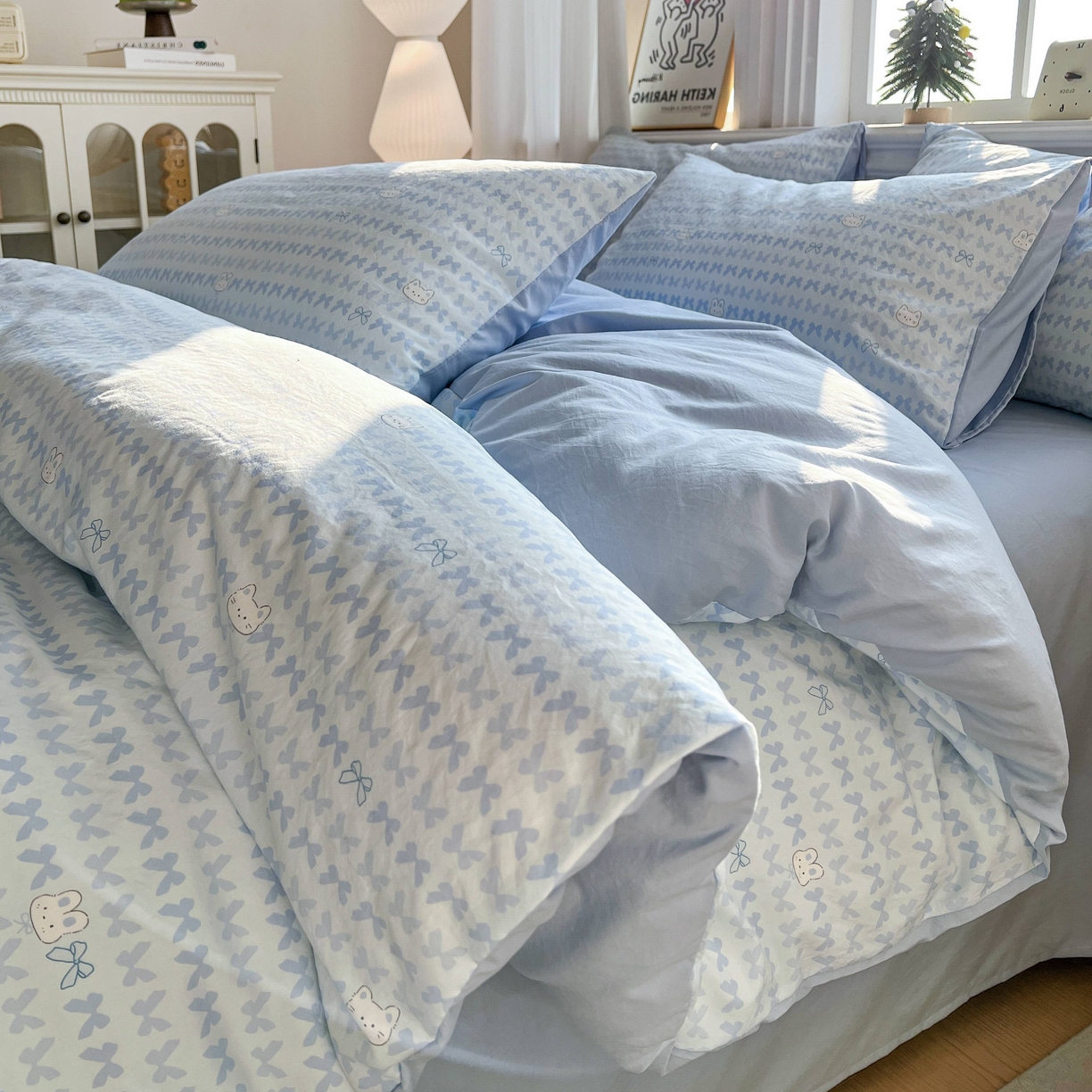 91家纺网 家纺一手货源 找家纺 格真 2026新款韩国小布袋A类古法水洗仿棉云感纱四件套 知音