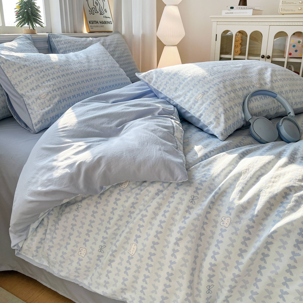 91家纺网 家纺一手货源 找家纺 格真 2026新款韩国小布袋A类古法水洗仿棉云感纱四件套 知音