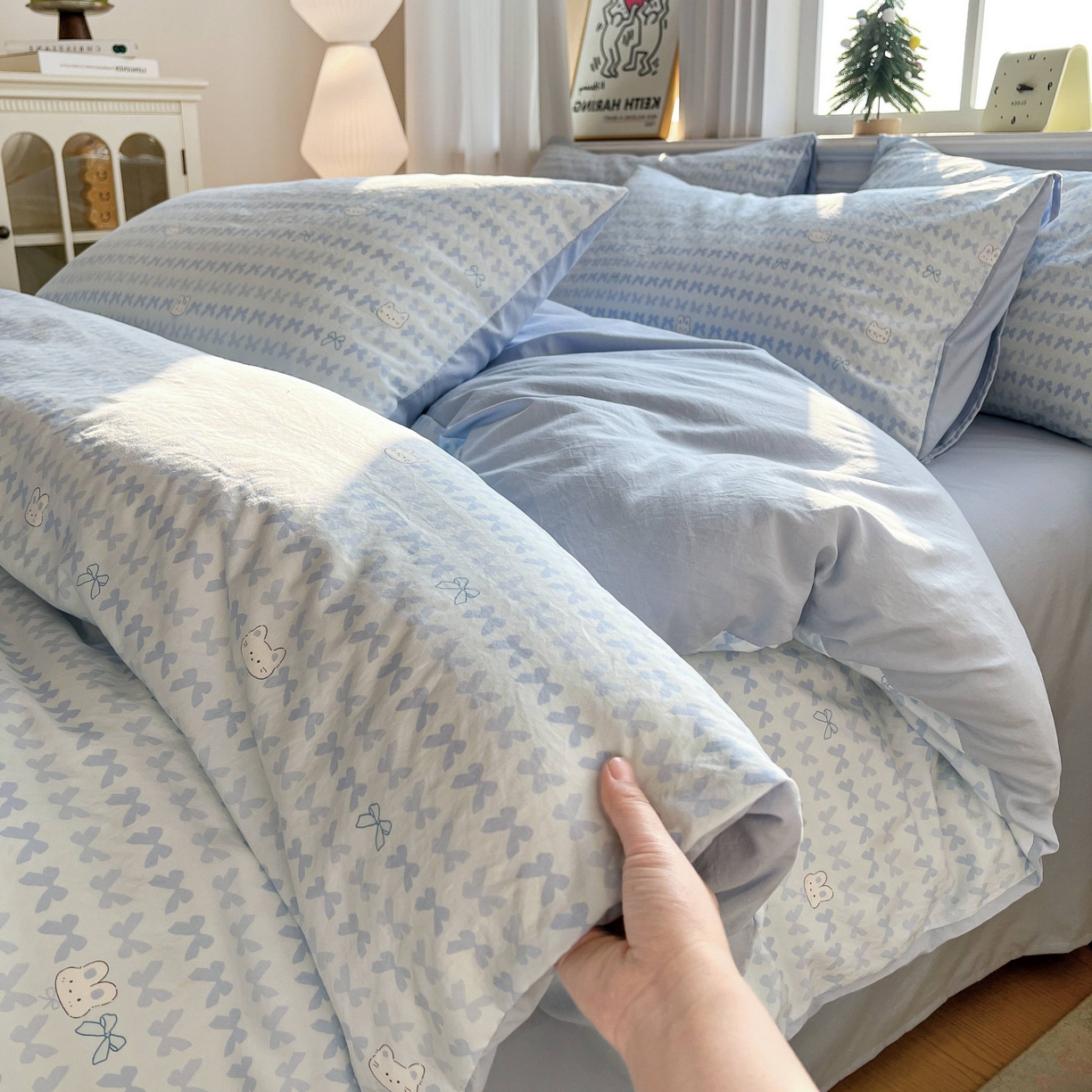 91家纺网 家纺一手货源 找家纺 格真 2026新款韩国小布袋A类古法水洗仿棉云感纱四件套 知音