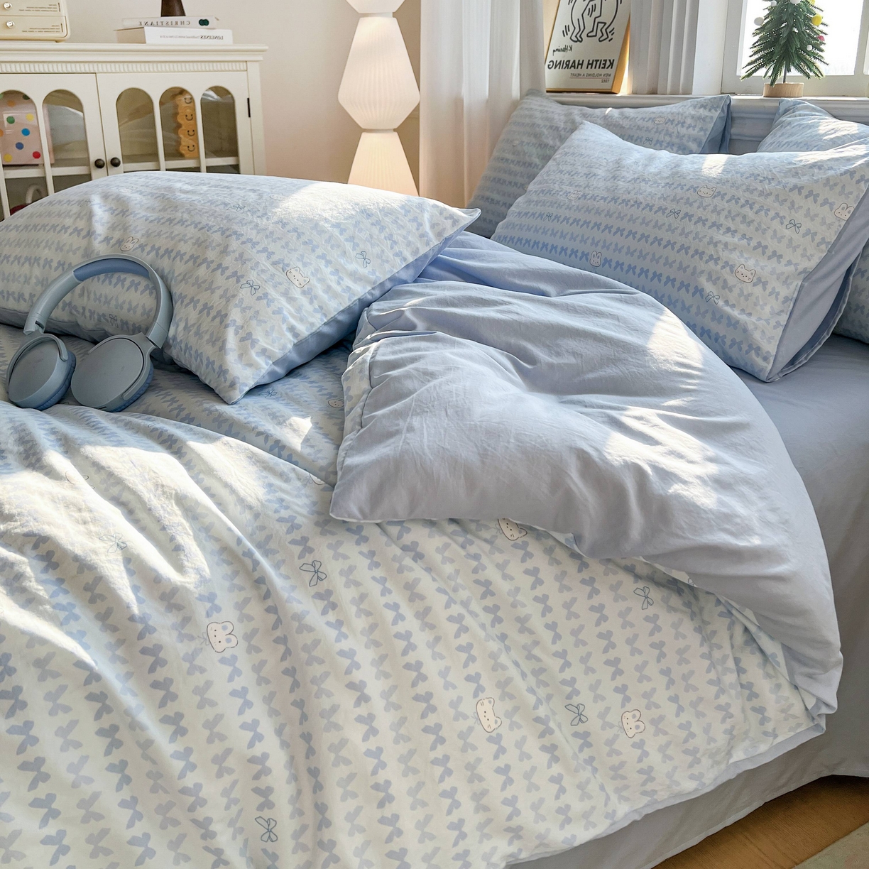 91家纺网 家纺一手货源 找家纺 格真 2026新款韩国小布袋A类古法水洗仿棉云感纱四件套 知音