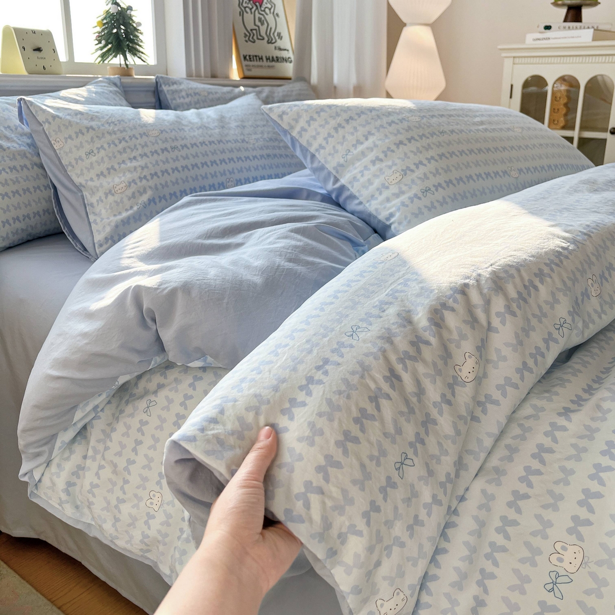 91家纺网 家纺一手货源 找家纺 格真 2026新款韩国小布袋A类古法水洗仿棉云感纱四件套 知音