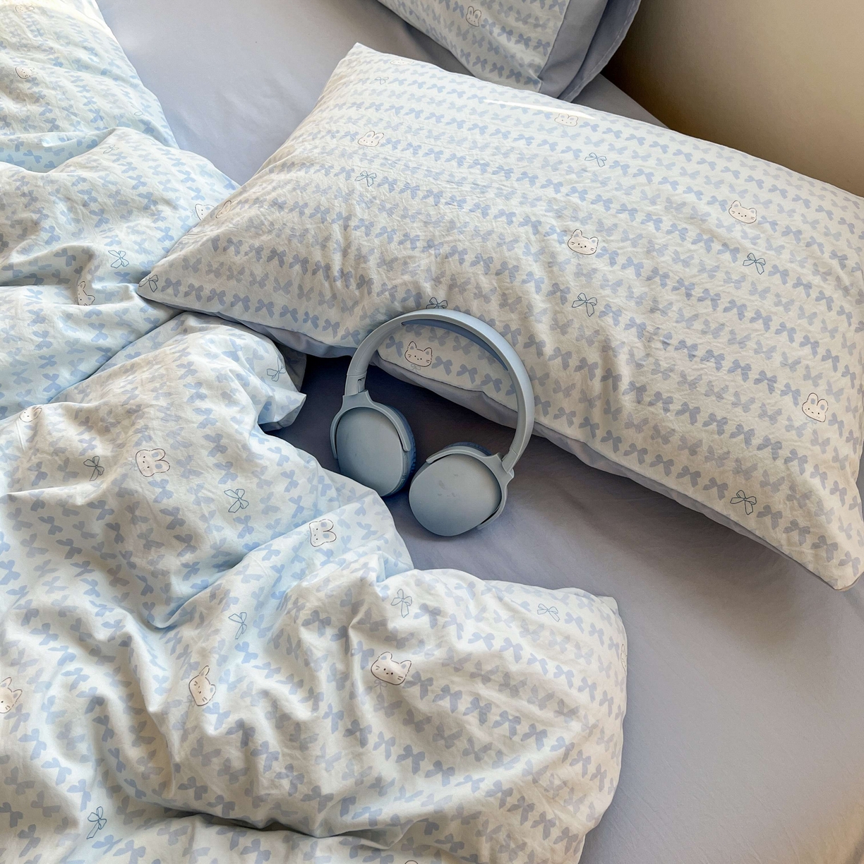 91家纺网 家纺一手货源 找家纺 格真 2026新款韩国小布袋A类古法水洗仿棉云感纱四件套 知音