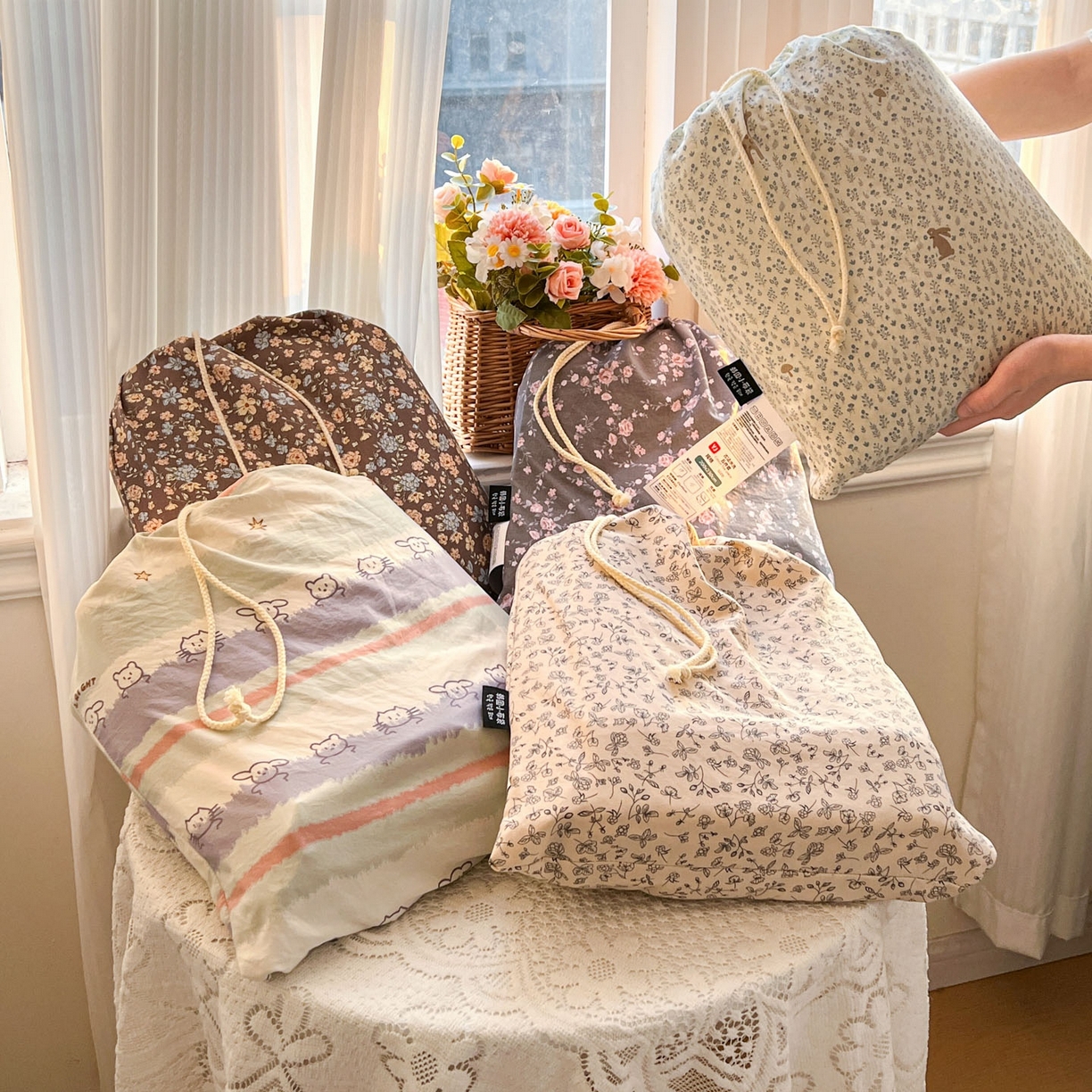 91家纺网 家纺一手货源 找家纺 格真 2026新款韩国小布袋A类古法水洗仿棉云感纱四件套 组合图（仅供展示不可下单）