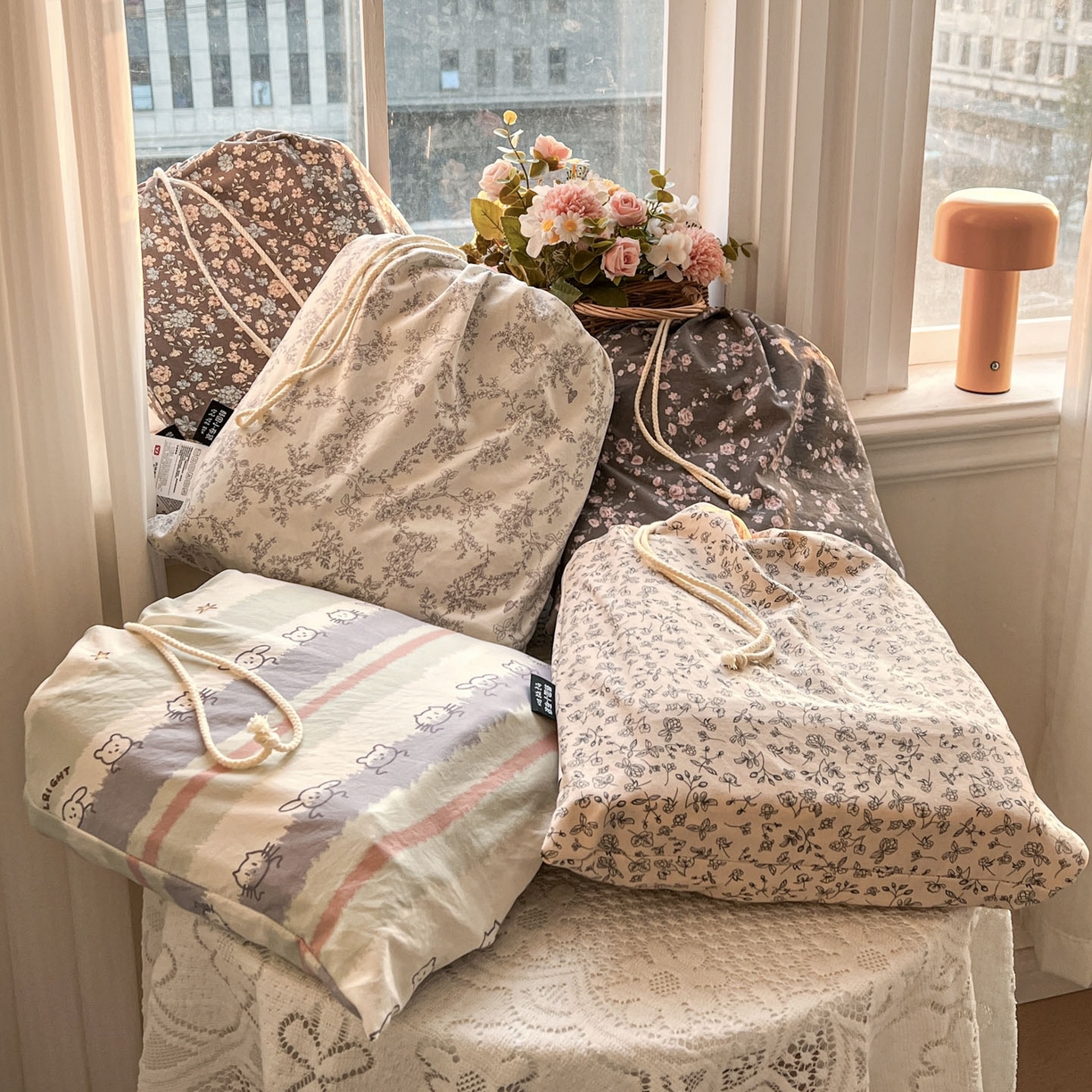 91家纺网 家纺一手货源 找家纺 格真 2026新款韩国小布袋A类古法水洗仿棉云感纱四件套 组合图（仅供展示不可下单）