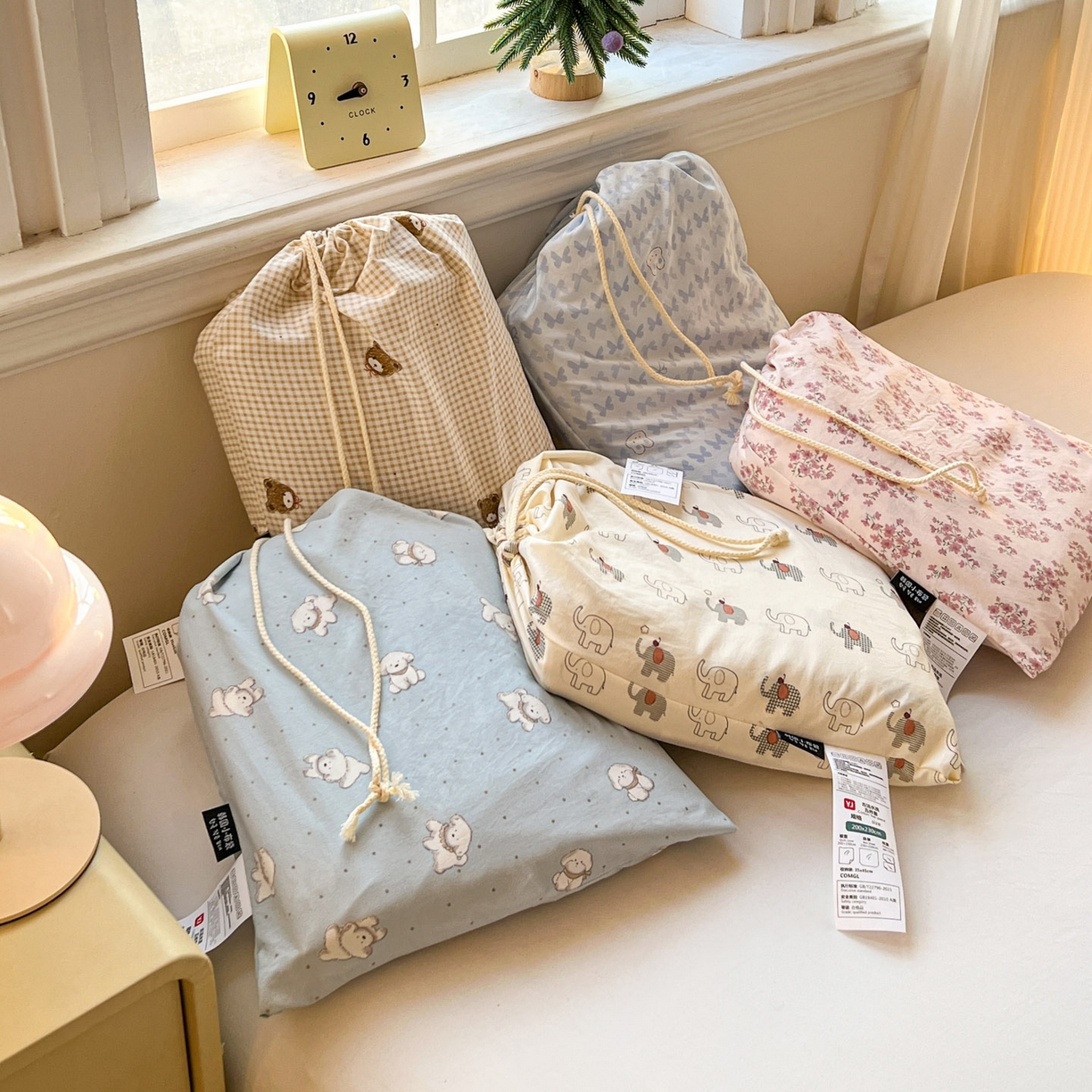 91家纺网 家纺一手货源 找家纺 格真 2026新款韩国小布袋A类古法水洗仿棉云感纱四件套 组合图（仅供展示不可下单）