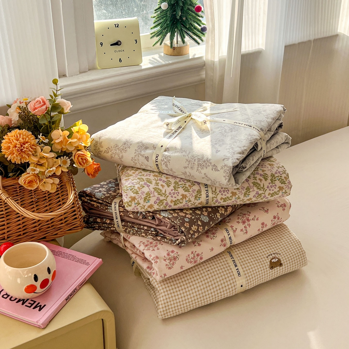 91家纺网 家纺一手货源 找家纺 格真 2026新款韩国小布袋A类古法水洗仿棉云感纱四件套 组合图（仅供展示不可下单）