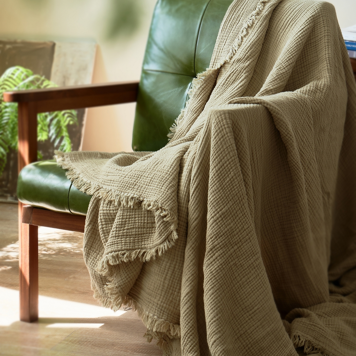 91家纺网 家纺一手货源 找家纺 子和 2024新款全棉四层纱流苏毯 鼠尾草绿