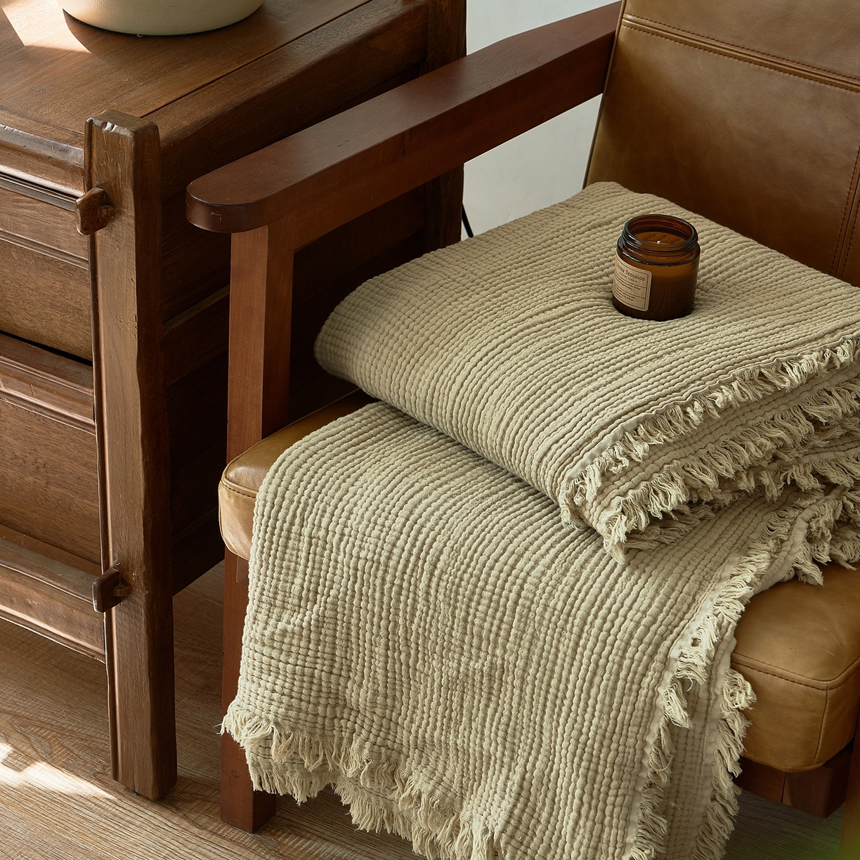 子和 2024新款全棉四层纱流苏毯 鼠尾草绿