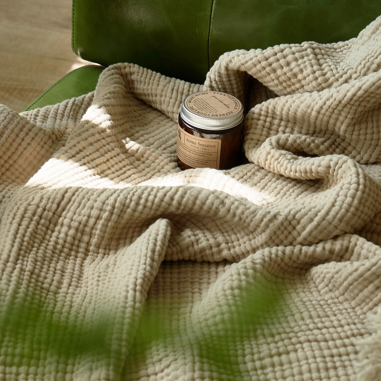 91家纺网 家纺一手货源 找家纺 子和 2024新款全棉四层纱流苏毯 鼠尾草绿