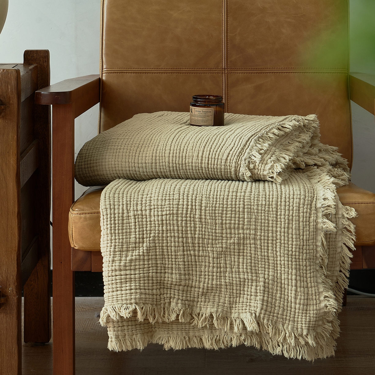 91家纺网 家纺一手货源 找家纺 子和 2024新款全棉四层纱流苏毯 鼠尾草绿