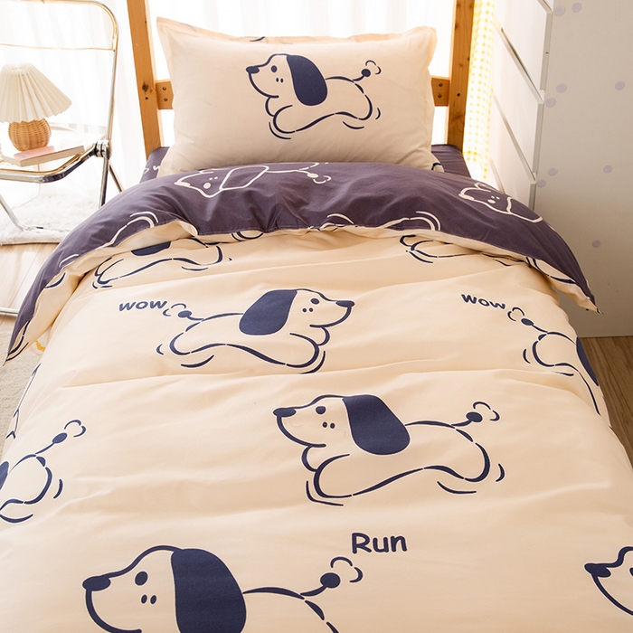 91家纺网 家纺一手货源 找家纺 友承家纺 2026新款床上用品磨毛四件套被单被套学生宿舍单人三件套被罩单件四季通用150cmx200cm 欢乐狗米