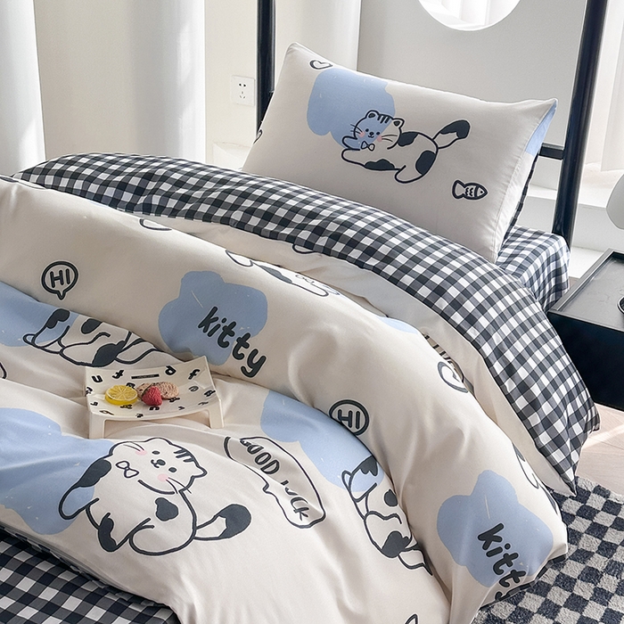 91家纺网 家纺一手货源 找家纺 友承家纺 2026新款床上用品磨毛四件套被单被套学生宿舍单人三件套被罩单件四季通用150cmx200cm 可爱猫