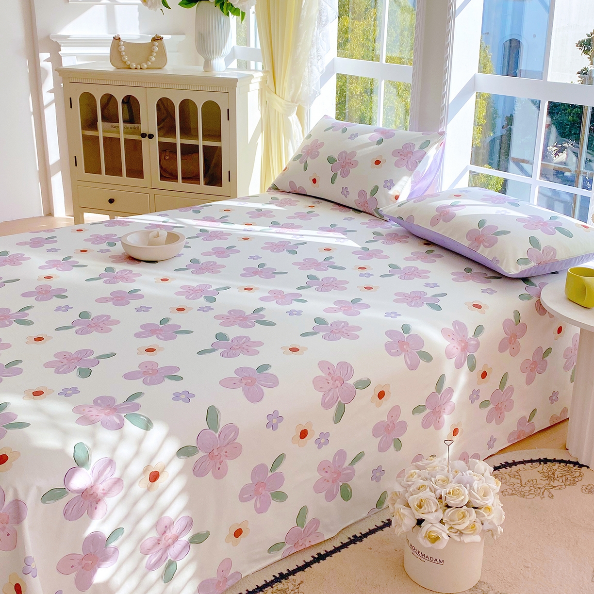 91家纺网 家纺一手货源 找家纺 小懒猪 2026全棉纯棉印花单床单床单单件 淡紫花屹