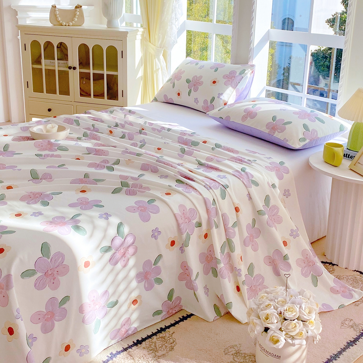 91家纺网 家纺一手货源 找家纺 小懒猪 2026全棉纯棉印花单床单床单单件 淡紫花屹