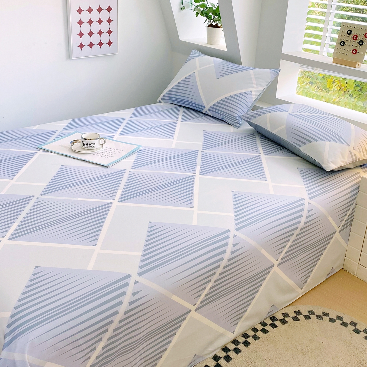 91家纺网 家纺一手货源 找家纺 小懒猪 2026全棉纯棉印花单床单床单单件 蓝灰格絮