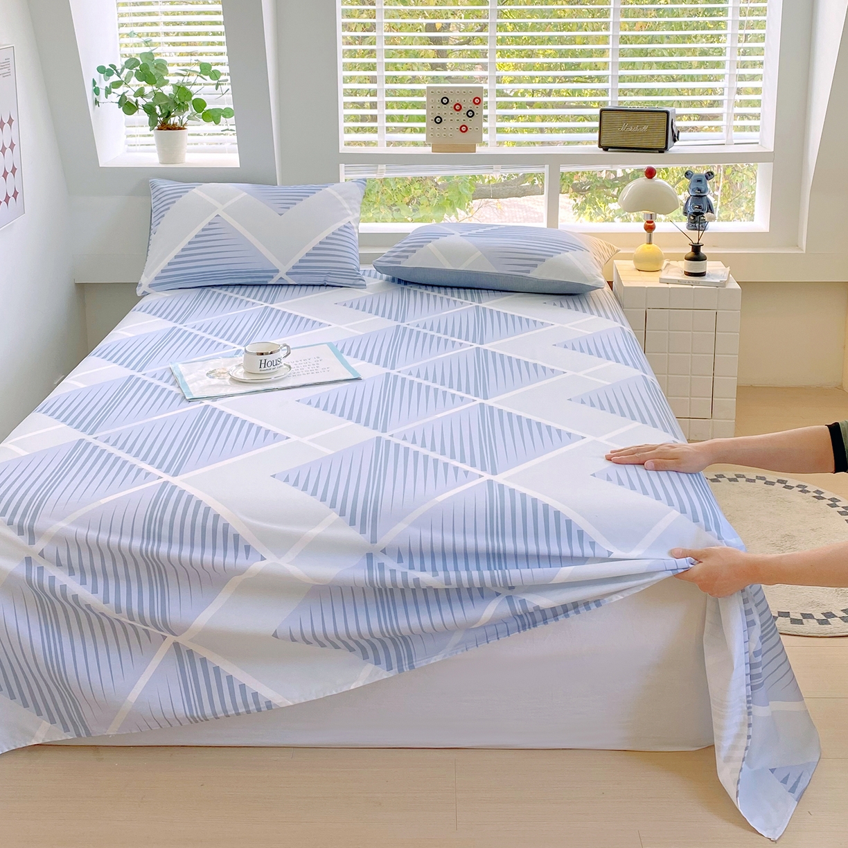 91家纺网 家纺一手货源 找家纺 小懒猪 2026全棉纯棉印花单床单床单单件 蓝灰格絮