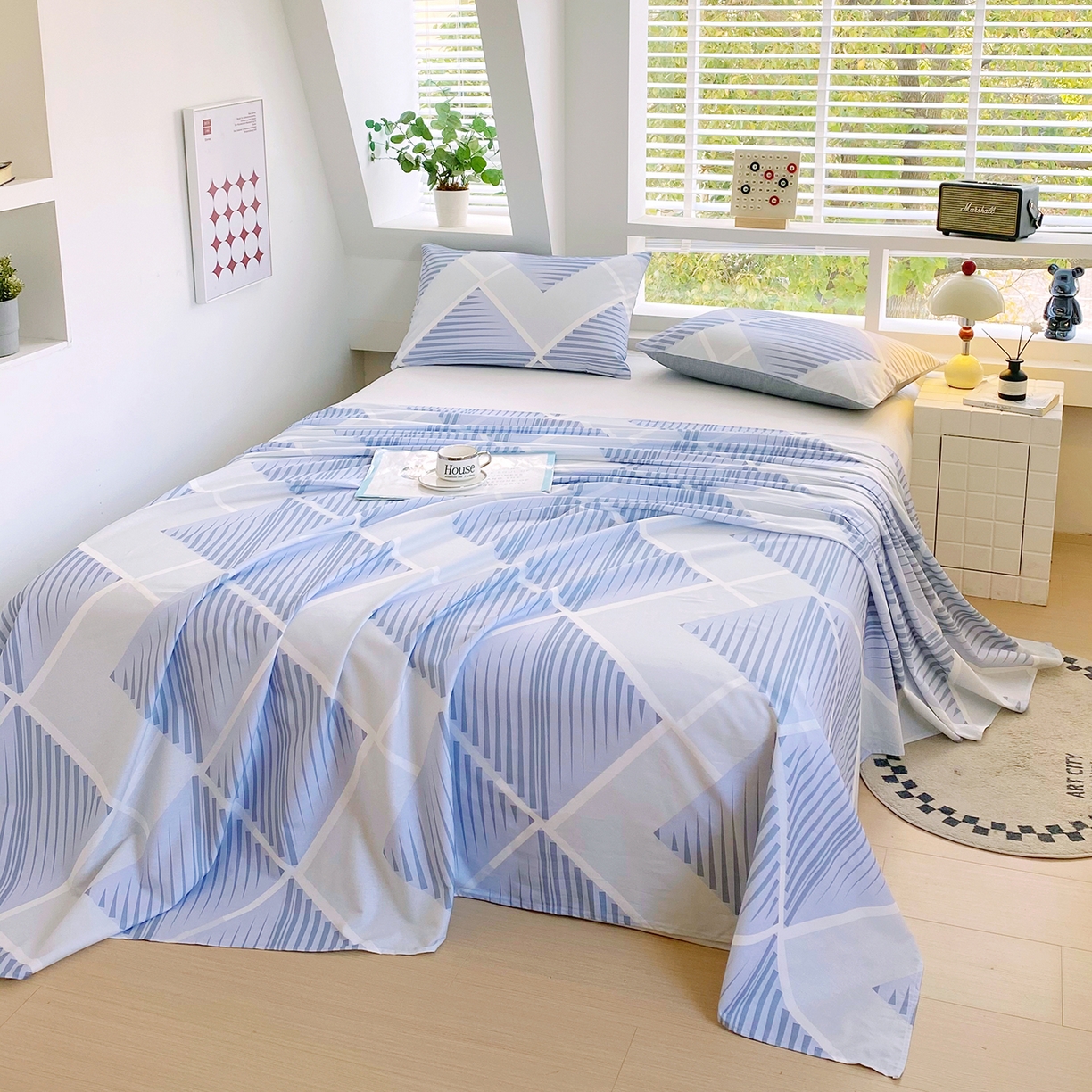 91家纺网 家纺一手货源 找家纺 小懒猪 2026全棉纯棉印花单床单床单单件 蓝灰格絮