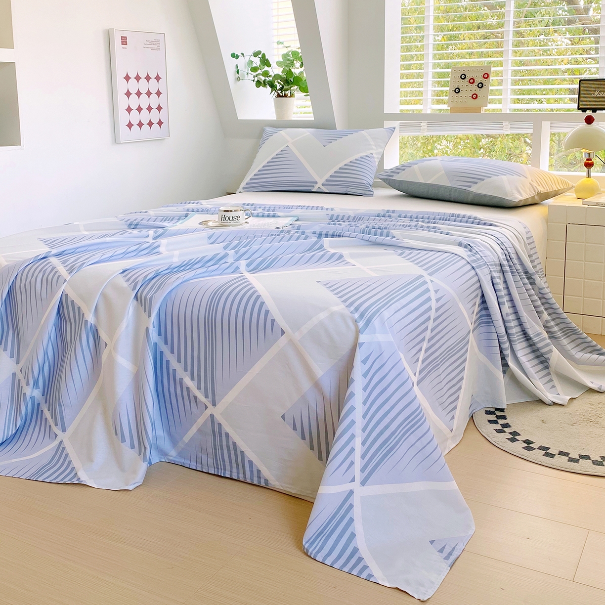 91家纺网 家纺一手货源 找家纺 小懒猪 2026全棉纯棉印花单床单床单单件 蓝灰格絮