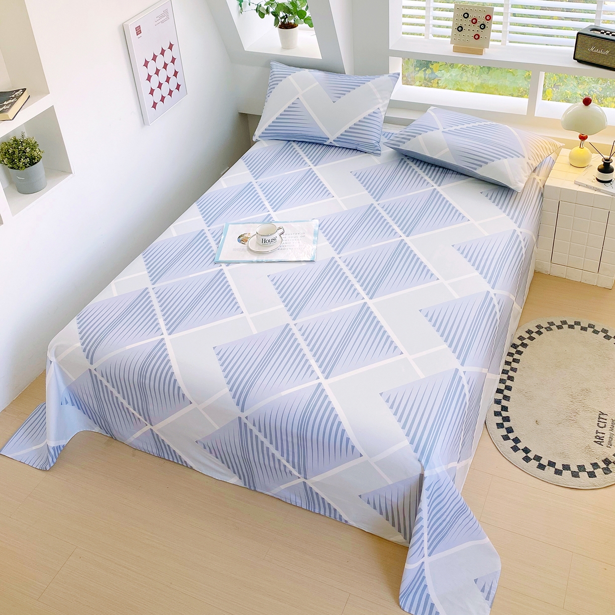 91家纺网 家纺一手货源 找家纺 小懒猪 2026全棉纯棉印花单床单床单单件 蓝灰格絮