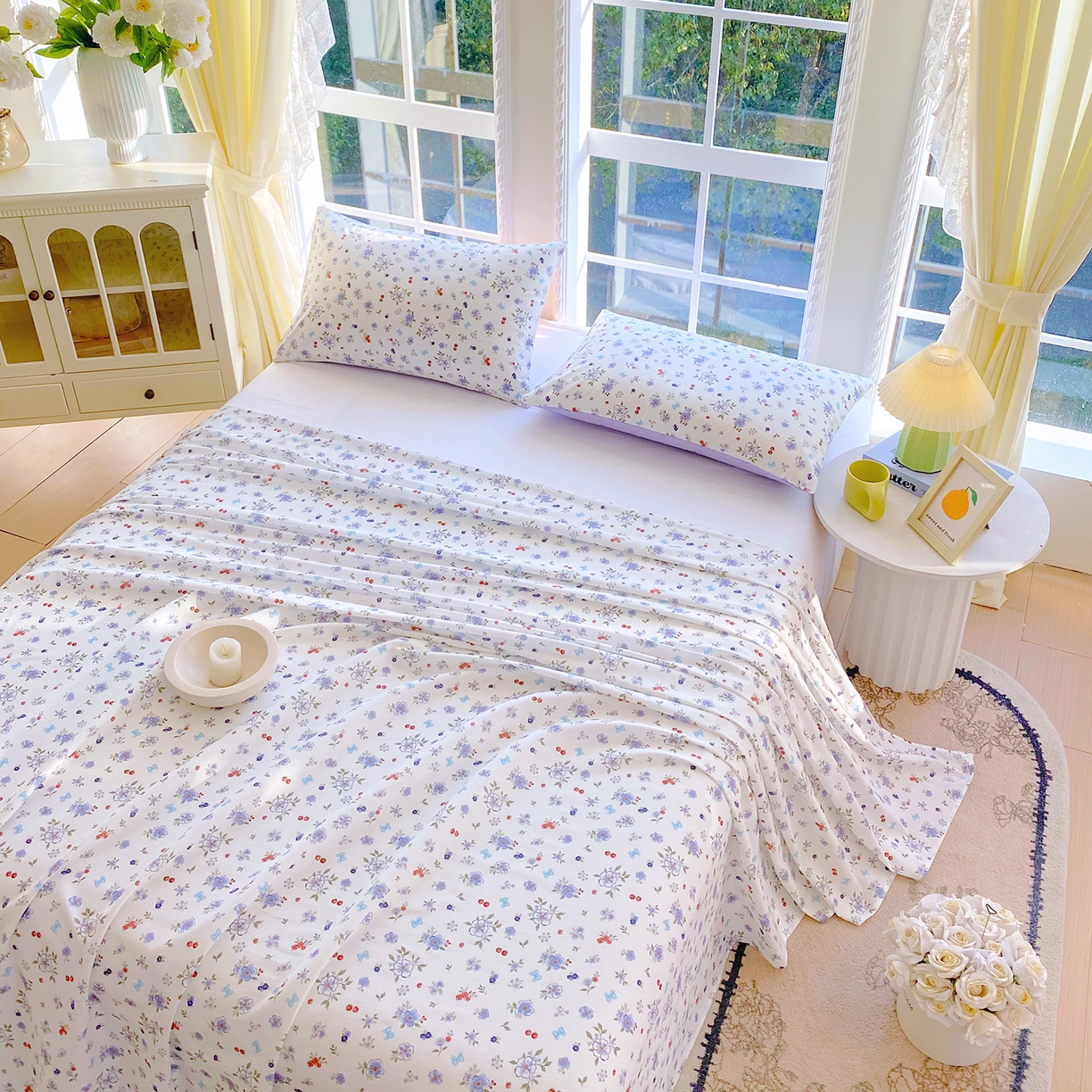 91家纺网 家纺一手货源 找家纺 小懒猪 2026全棉纯棉印花单床单床单单件 雾蓝花簇