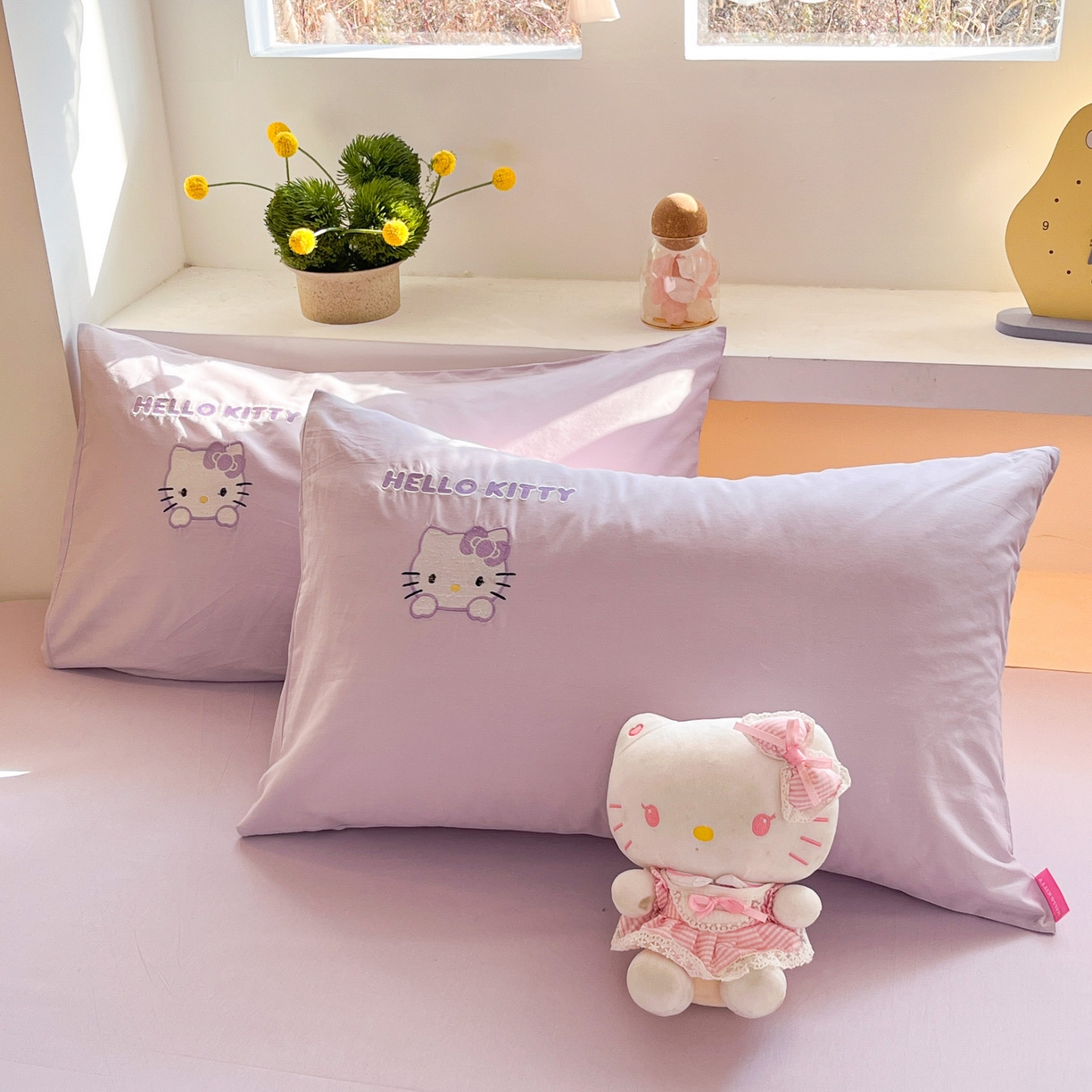 91家纺网 家纺一手货源 找家纺 金爱家 2026新款纯棉三丽鸥毛巾绣四件套 棉毛巾绣-紫格爱心kt