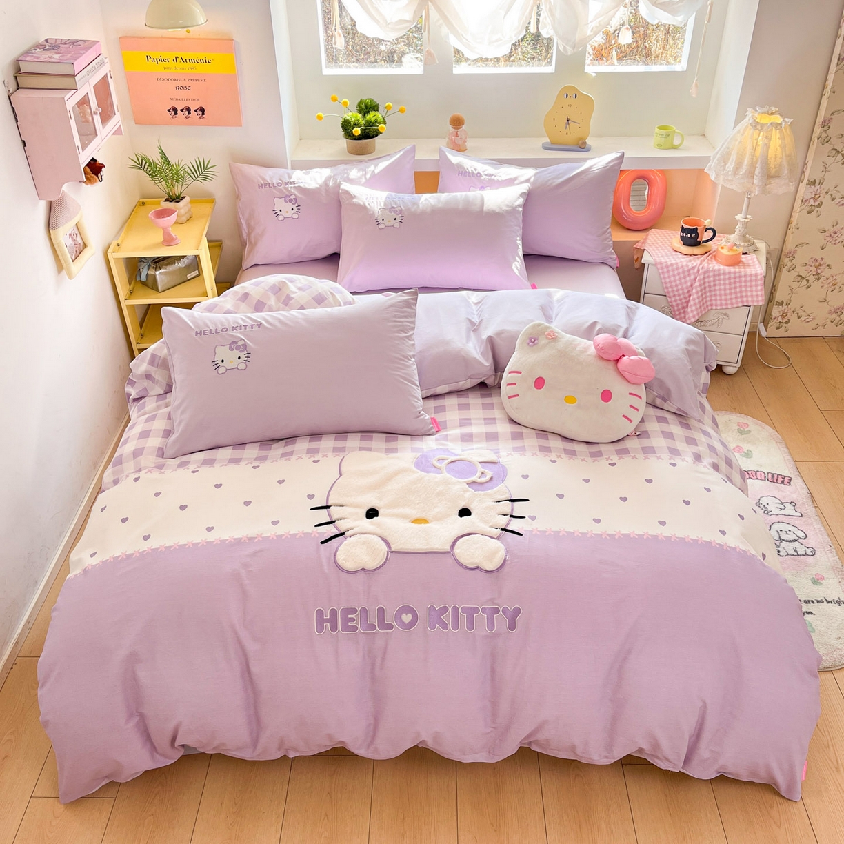 金爱家 2026新款纯棉三丽鸥毛巾绣四件套 棉毛巾绣-紫格爱心kt