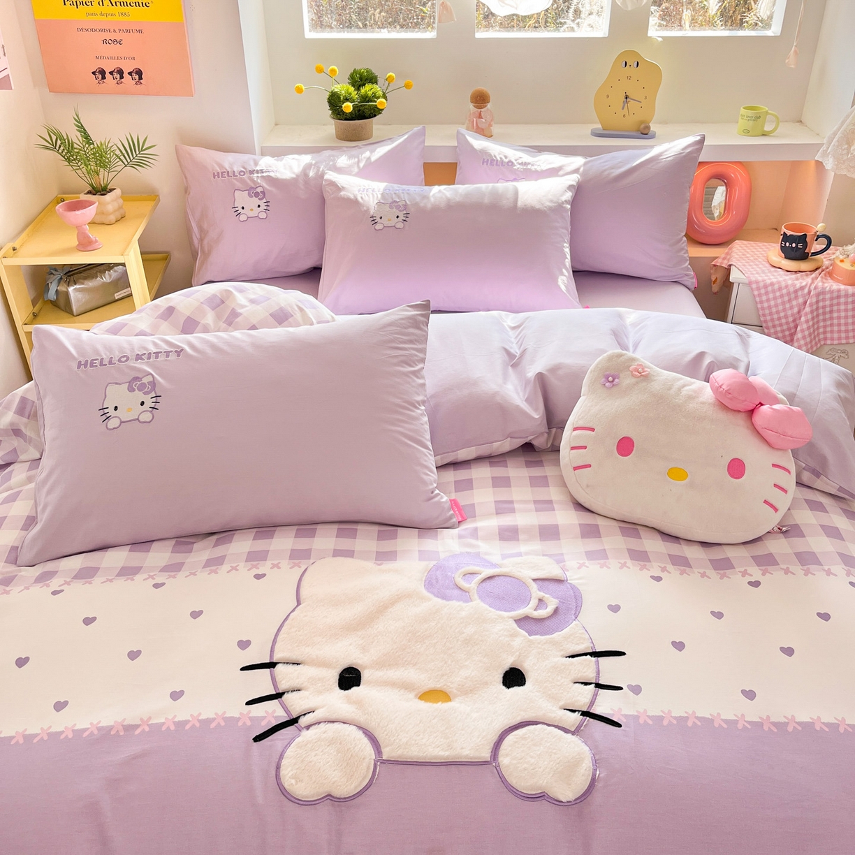 91家纺网 家纺一手货源 找家纺 金爱家 2026新款纯棉三丽鸥毛巾绣四件套 棉毛巾绣-紫格爱心kt