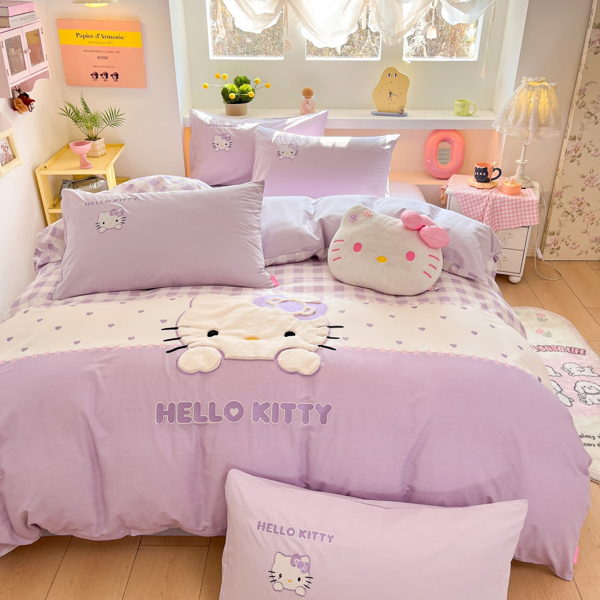 91家纺网 家纺一手货源 找家纺 金爱家 2026新款纯棉三丽鸥毛巾绣四件套 棉毛巾绣-紫格爱心kt