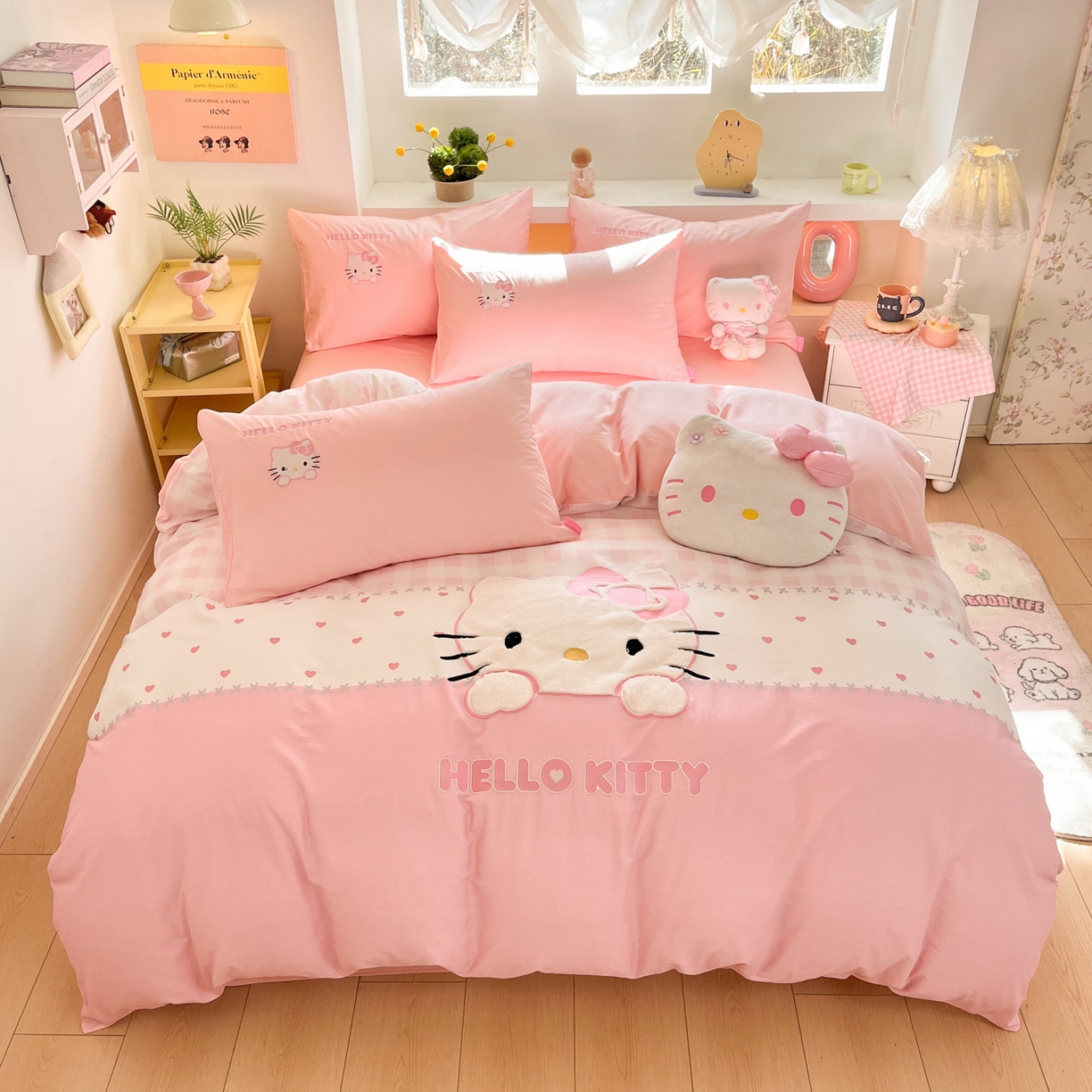 91家纺网 家纺一手货源 找家纺 金爱家 2026新款纯棉三丽鸥毛巾绣四件套 棉毛巾绣-粉格爱心kt