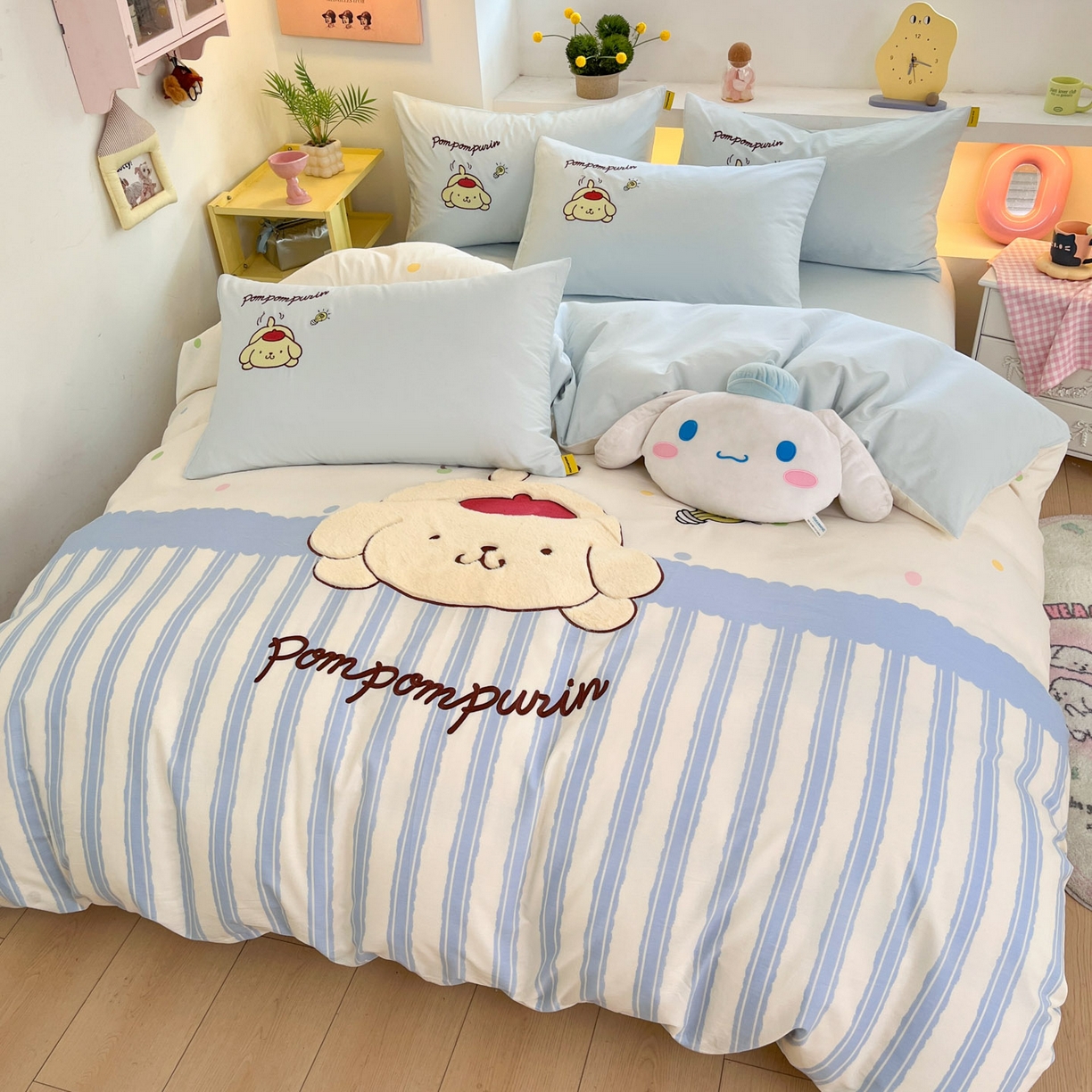 91家纺网 家纺一手货源 找家纺 金爱家 2026新款纯棉三丽鸥毛巾绣四件套 棉毛巾绣-布丁恰恰狗