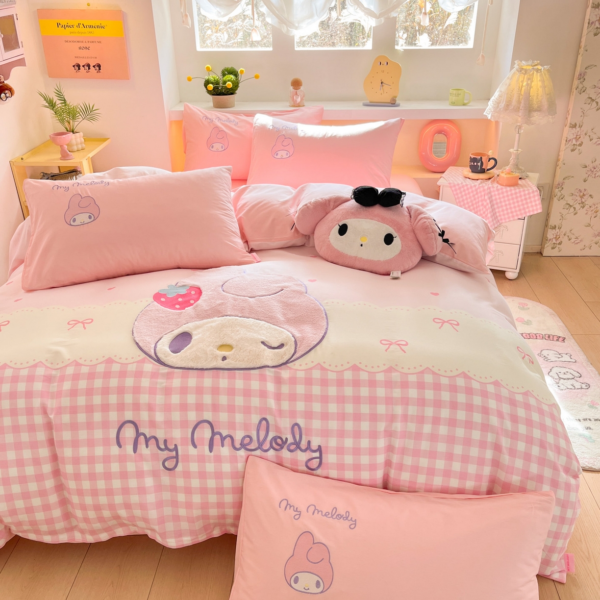 91家纺网 家纺一手货源 找家纺 金爱家 2026新款纯棉三丽鸥毛巾绣四件套 棉毛巾绣-萌萌美乐蒂