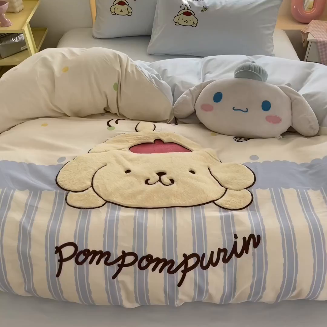 91家纺网 家纺一手货源 找家纺 金爱家 2026新款纯棉三丽鸥毛巾绣四件套 棉毛巾绣-布丁恰恰狗