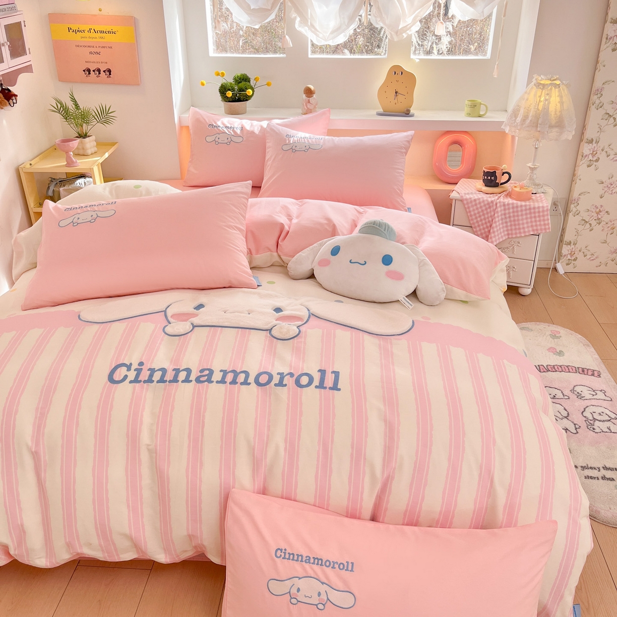 91家纺网 家纺一手货源 找家纺 金爱家 2026新款纯棉三丽鸥毛巾绣四件套 棉毛巾绣-粉红大耳狗