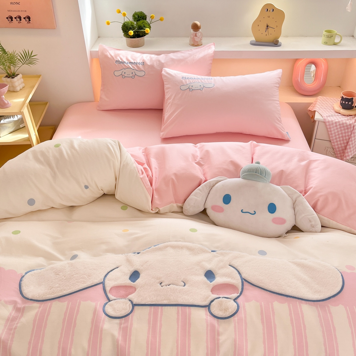 91家纺网 家纺一手货源 找家纺 金爱家 2026新款纯棉三丽鸥毛巾绣四件套 棉毛巾绣-粉红大耳狗