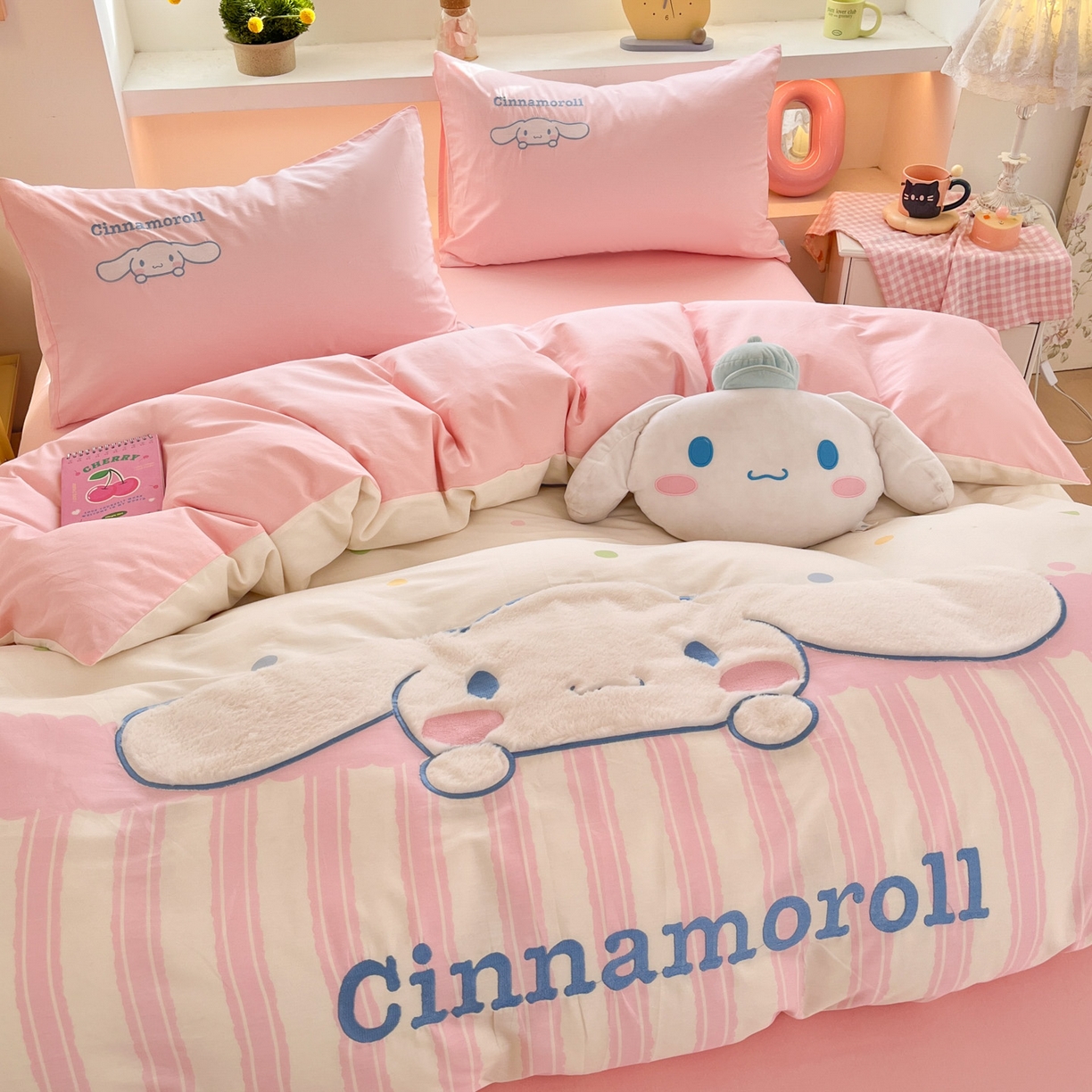 91家纺网 家纺一手货源 找家纺 金爱家 2026新款纯棉三丽鸥毛巾绣四件套 棉毛巾绣-粉红大耳狗