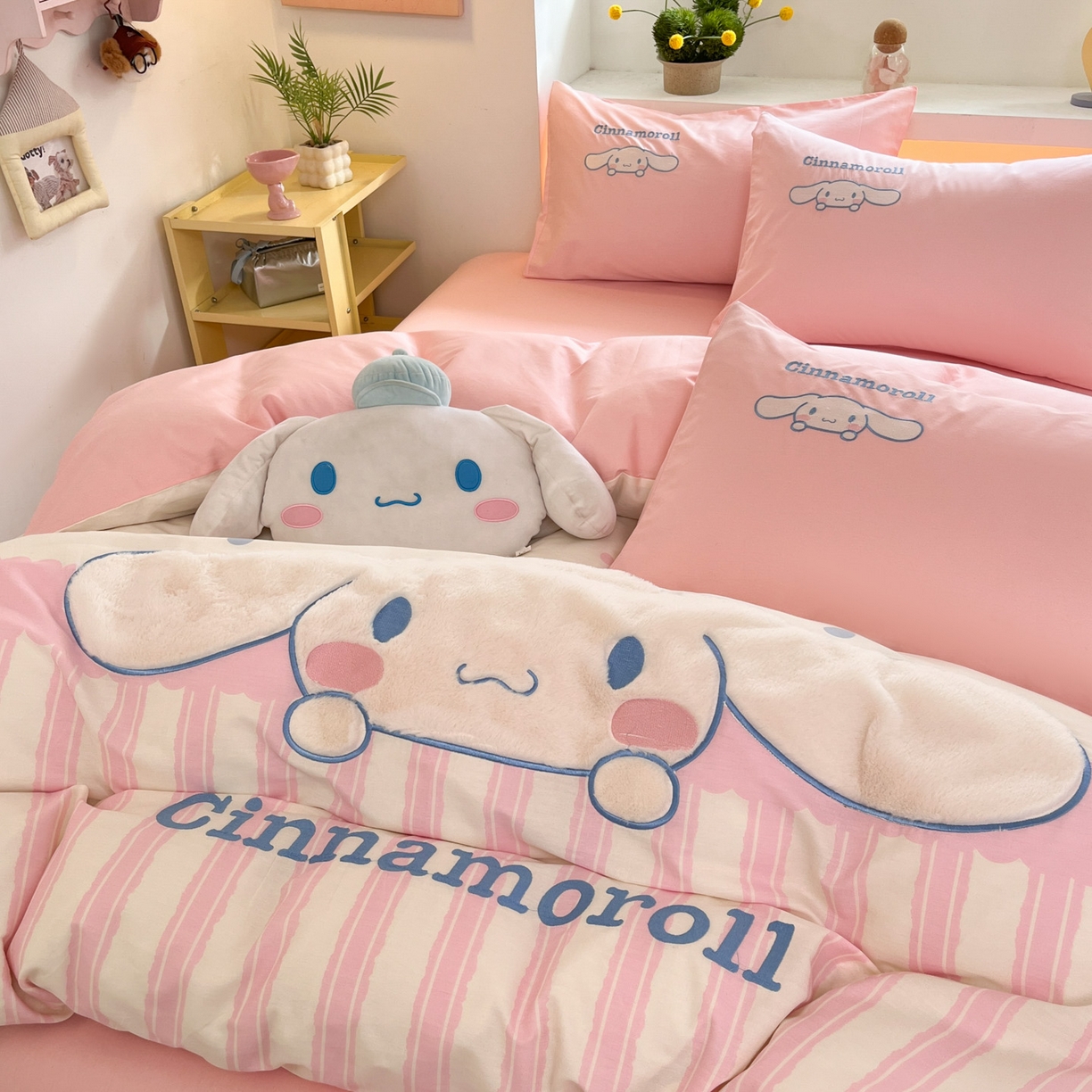 91家纺网 家纺一手货源 找家纺 金爱家 2026新款纯棉三丽鸥毛巾绣四件套 棉毛巾绣-粉红大耳狗