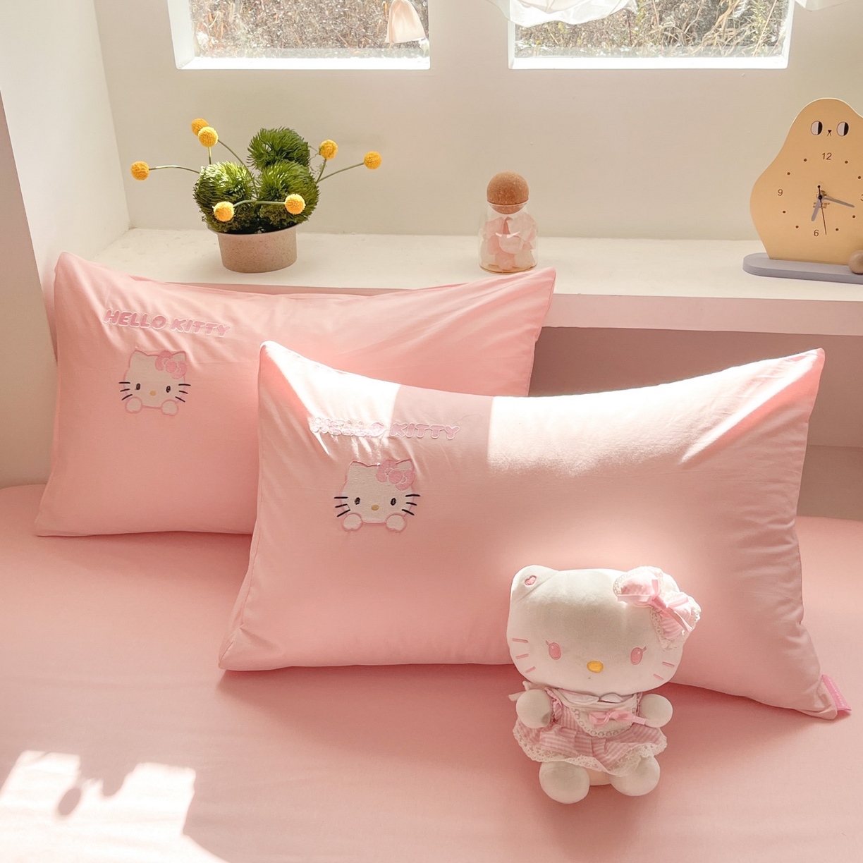 91家纺网 家纺一手货源 找家纺 金爱家 2026新款纯棉三丽鸥毛巾绣四件套 棉毛巾绣-粉格爱心kt