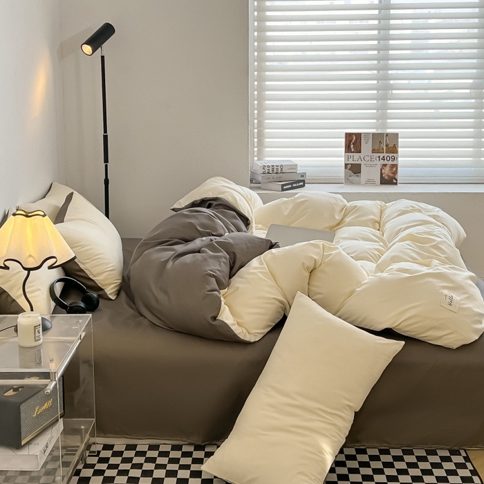 91家纺网 家纺一手货源 找家纺 友承家纺 2026新款四件套磨毛床单被套被罩简约纯色学生宿舍水洗棉3三件套床上用品4被套单件四季单独被罩 米黄