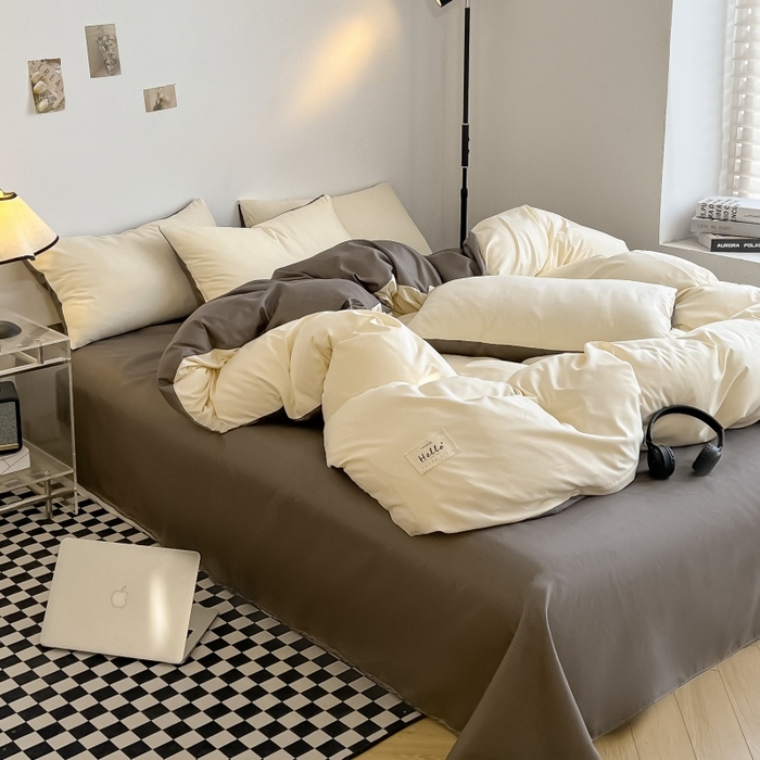 91家纺网 家纺一手货源 找家纺 友承家纺 2026新款四件套磨毛床单被套被罩简约纯色学生宿舍水洗棉3三件套床上用品4被套单件四季单独被罩 米黄