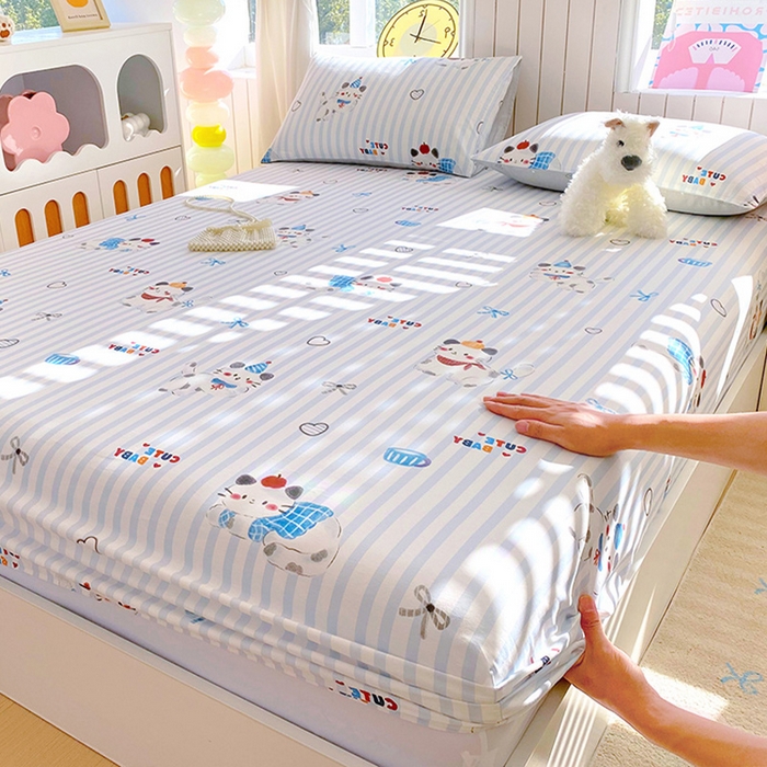 91家纺网 家纺一手货源 找家纺 小懒猪 2026新款全棉印花床笠 蓝调喵趣