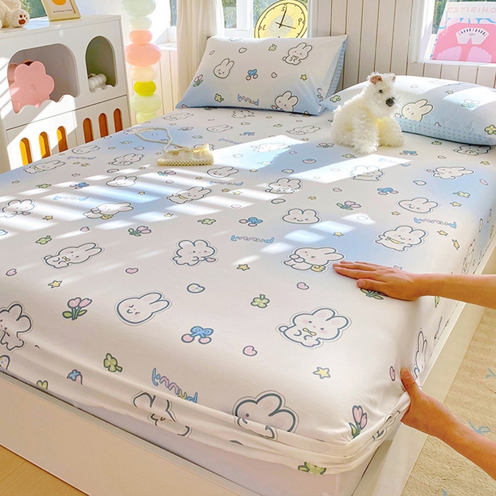 91家纺网 家纺一手货源 找家纺 小懒猪 2026新款全棉印花床笠 星兔软糖