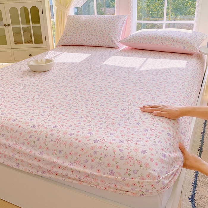 91家纺网 家纺一手货源 找家纺 小懒猪 2026新款全棉印花床笠 紫粉花漾