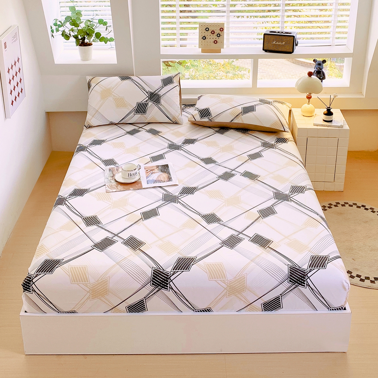 91家纺网 家纺一手货源 找家纺 小懒猪 2026新款全棉印花床笠 铂格纹