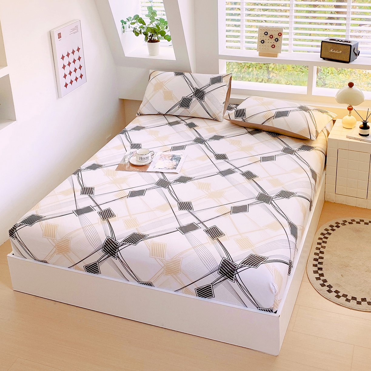 91家纺网 家纺一手货源 找家纺 小懒猪 2026新款全棉印花床笠 铂格纹