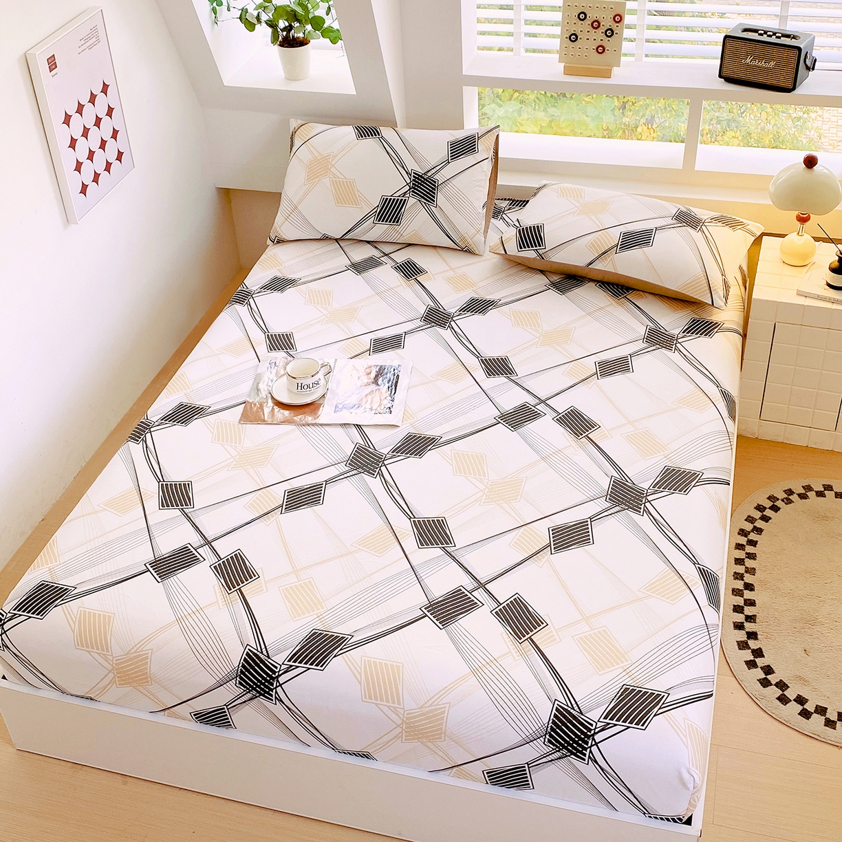 91家纺网 家纺一手货源 找家纺 小懒猪 2026新款全棉印花床笠 铂格纹