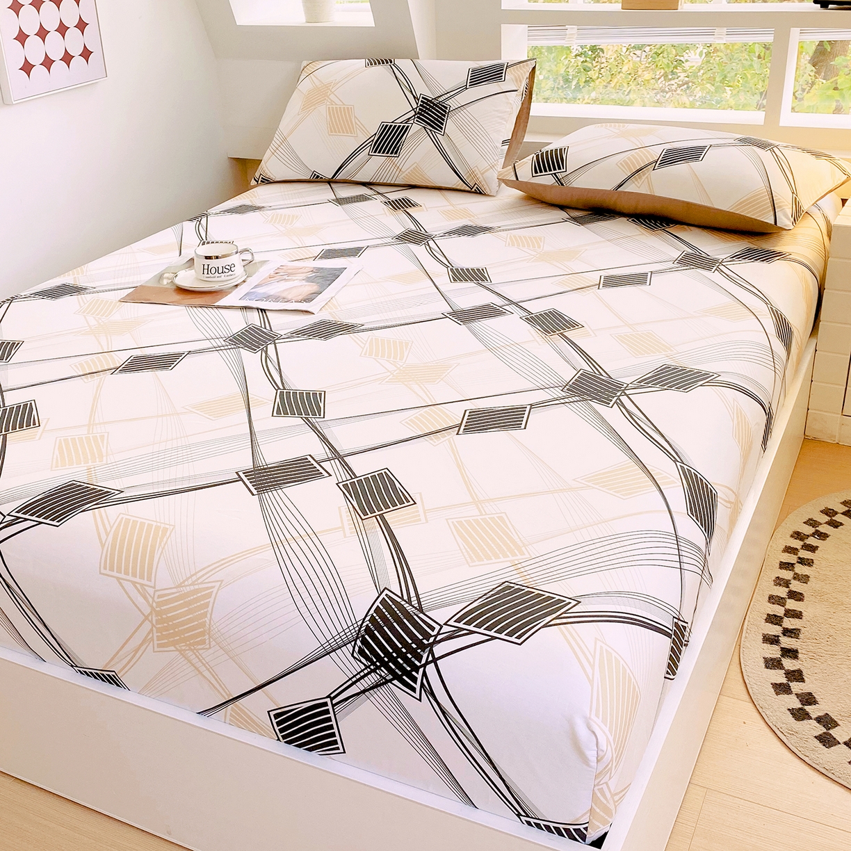 91家纺网 家纺一手货源 找家纺 小懒猪 2026新款全棉印花床笠 铂格纹