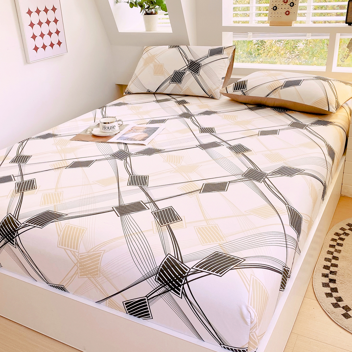 91家纺网 家纺一手货源 找家纺 小懒猪 2026新款全棉印花床笠 铂格纹