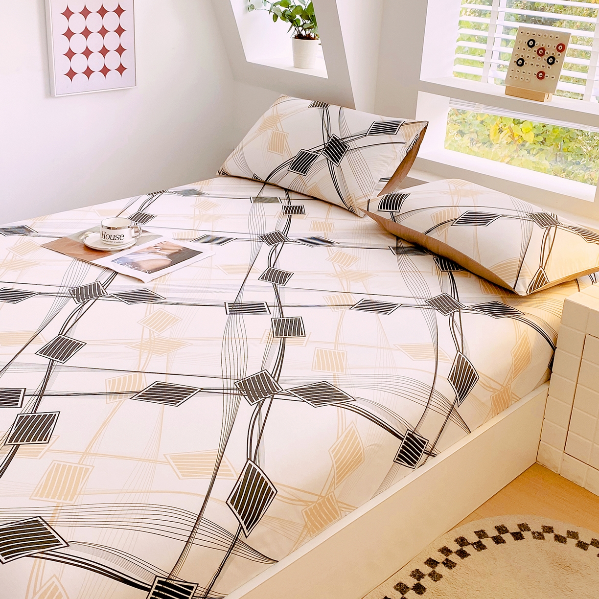 91家纺网 家纺一手货源 找家纺 小懒猪 2026新款全棉印花床笠 铂格纹