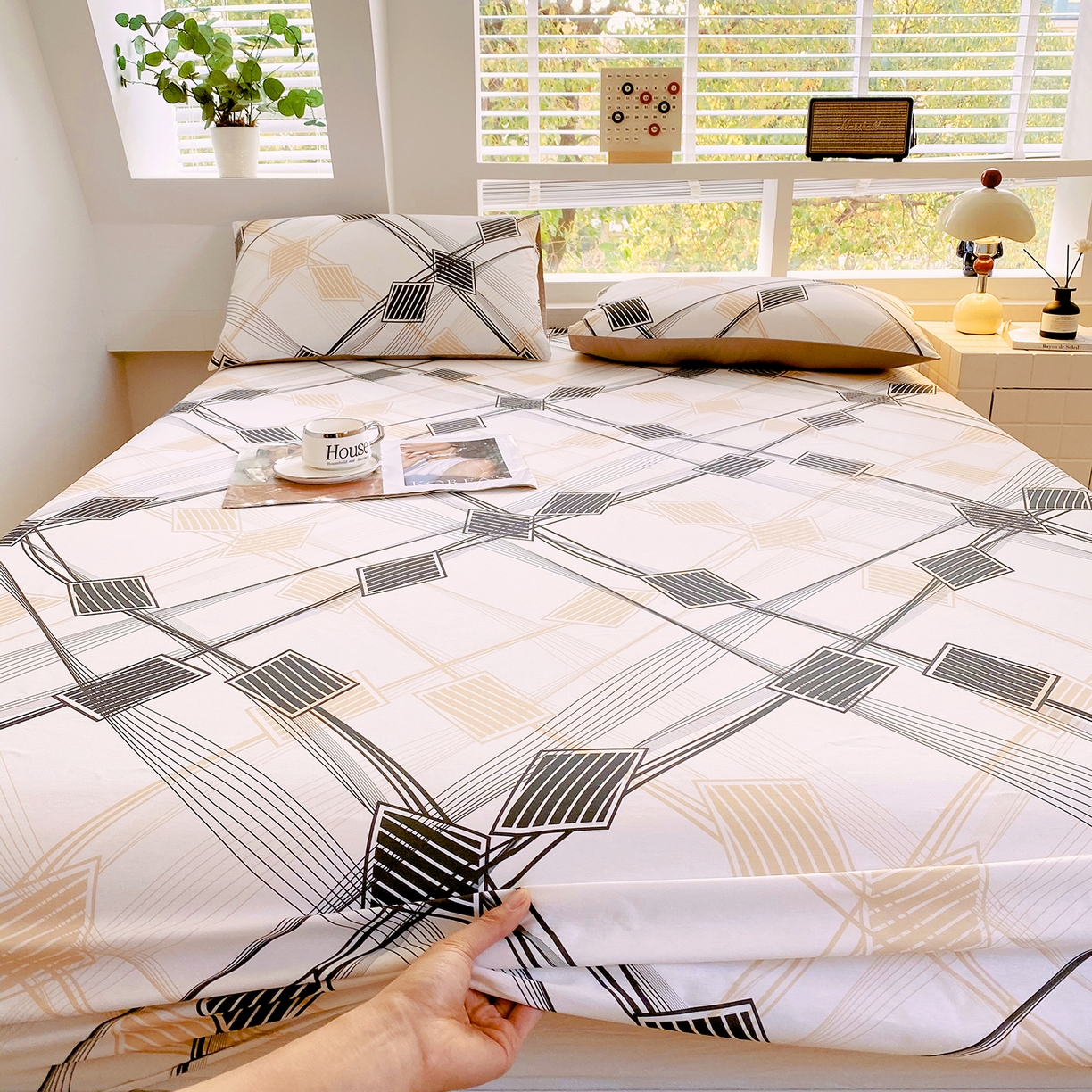 91家纺网 家纺一手货源 找家纺 小懒猪 2026新款全棉印花床笠 铂格纹