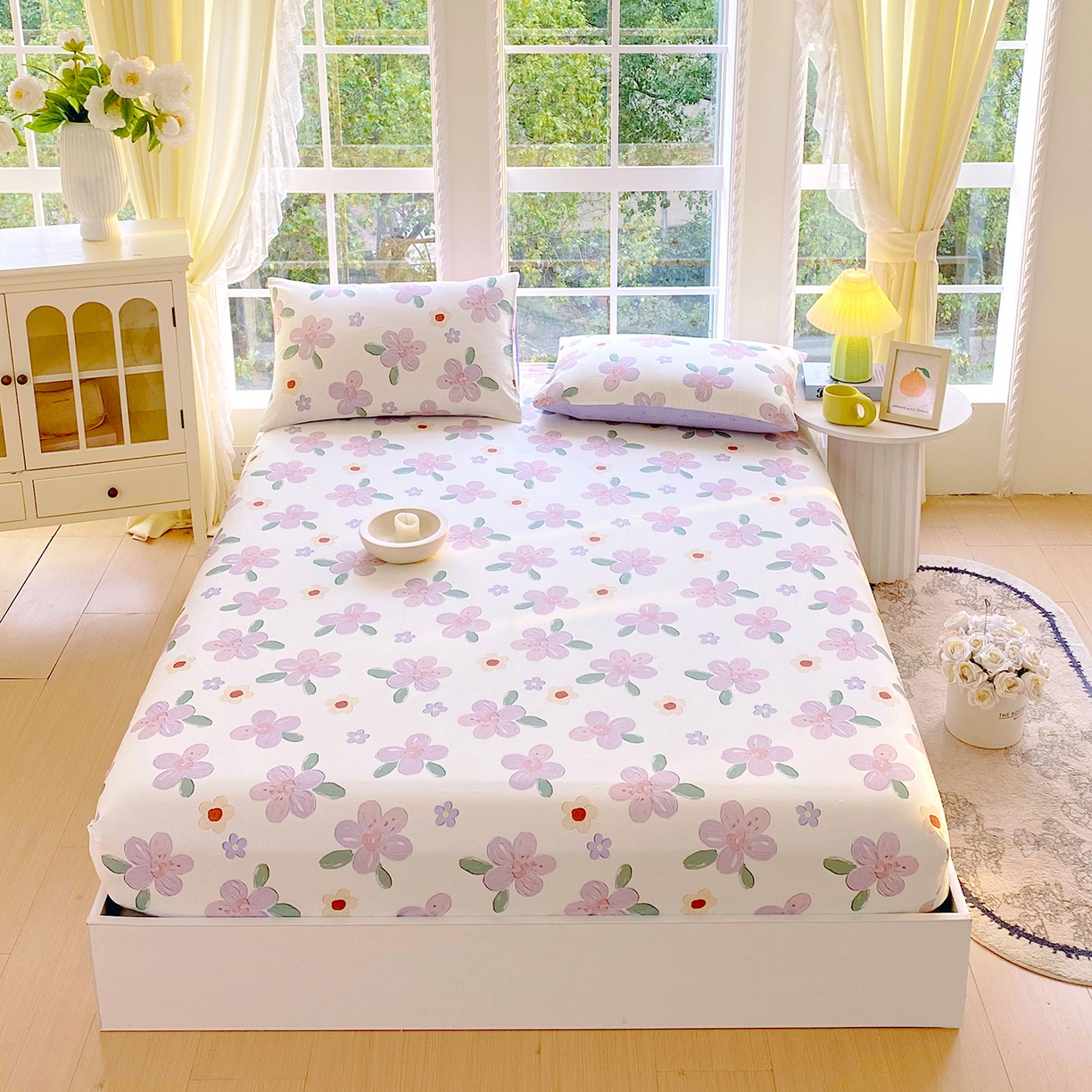 91家纺网 家纺一手货源 找家纺 小懒猪 2026新款全棉印花床笠 淡紫花屹